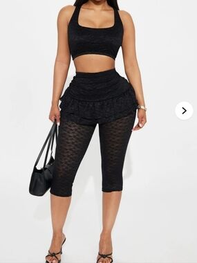 Fashion Nova Black Lace Capri Pants 2-peice Set with Ruched Skirt Overlay